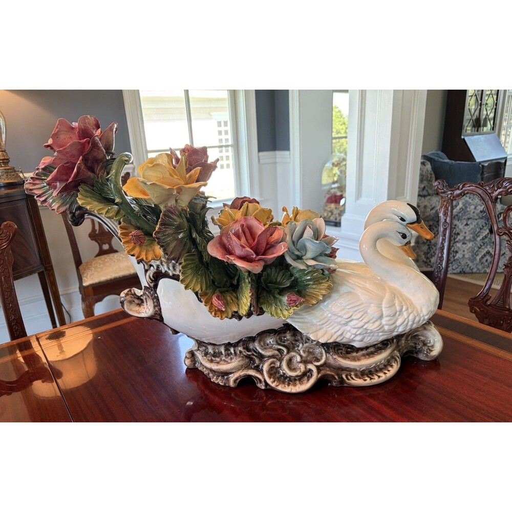 MCM Capodimonte Large Swans With Flowers Centerpiece Statue Very Large 27"